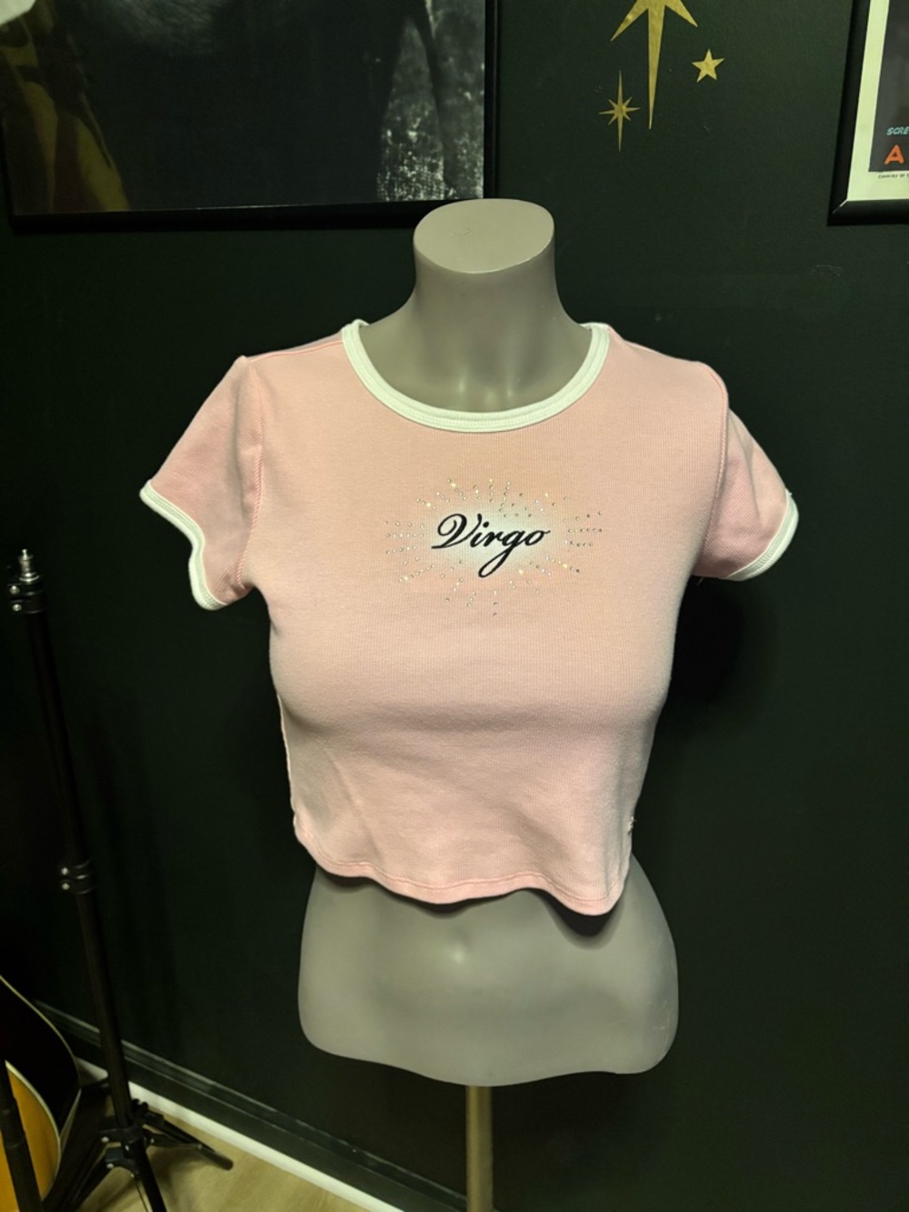 Virgo Embroidered Pink Ringer Crop Top